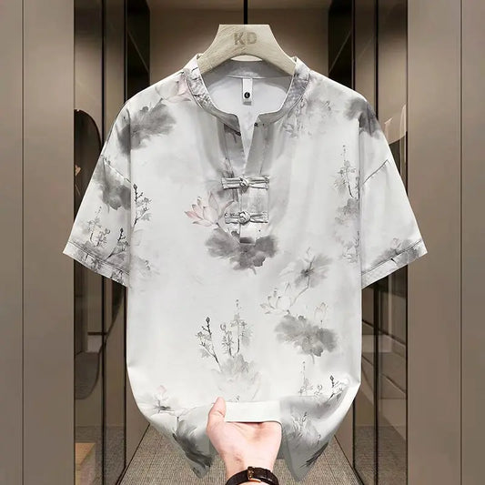 New Chinese Short-sleeved Men Trendy Versatile T-shirt in Summer Retro Stand Collar Thin Fashion Pullover (Available)