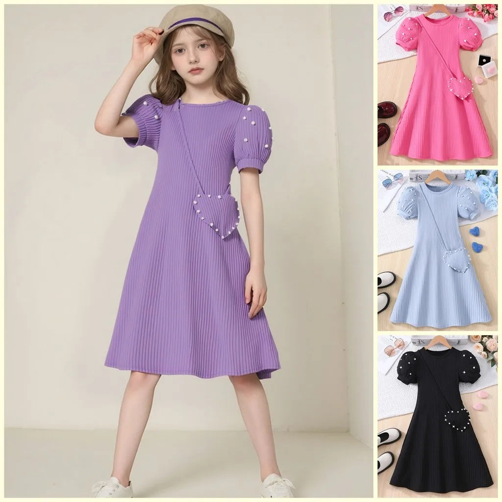 Teen Girl Dress Summer Purple Retro Short Sleeve Children Dresses Fashion Girl Costume Party Big KIds Outfit 7 8 9 10 11 12Yrs