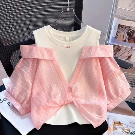Girls' Western style loose fitting shirt new children's off shoulder top T-shirt fake two-piece top