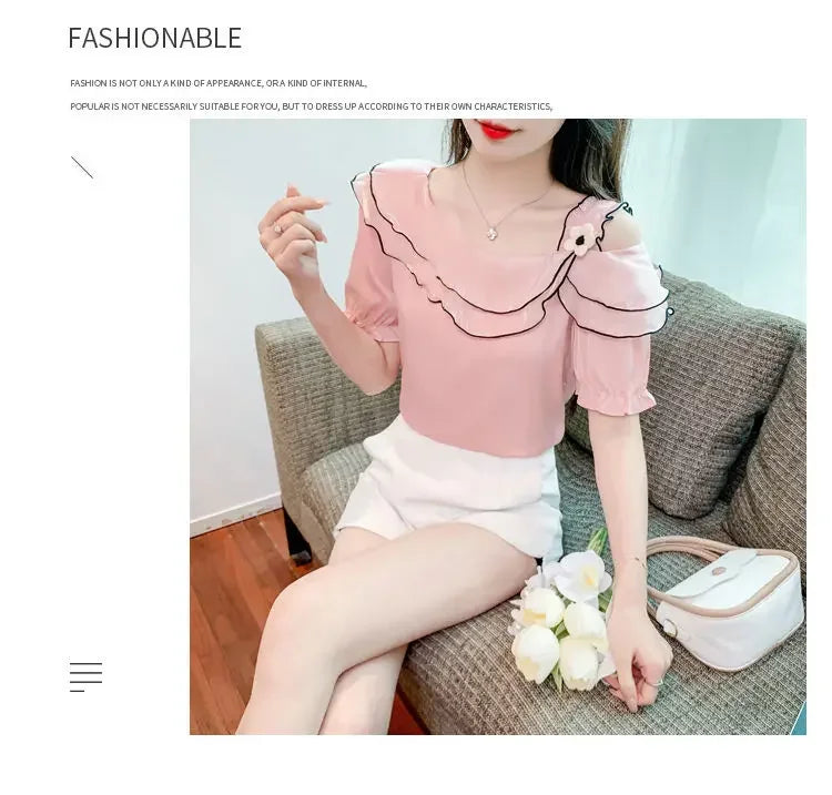 Sweet Slash Neck Off Shoulder Ruffles Blouses Female Clothing 2025 Summer New Loose Solid Color Korean Tops Puff Sleeve Shirts