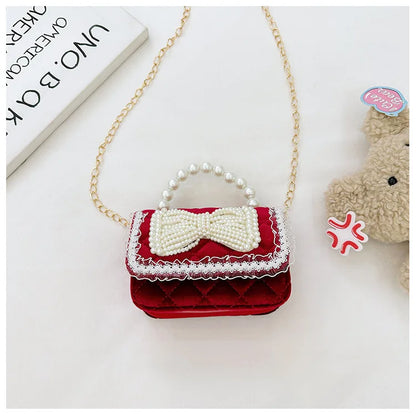 Sweet Bow Children's Small Square Shoulder Bag Sequin Lace Princess Girls Crossbody Bags Pearl Handle Coin Purse Handbags Gifts