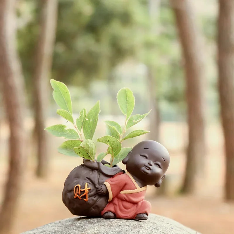 Fortune Lucky Cute The Little Monk Purple Clay Tea Pet Home Decor Mini Water Planting Flower Vase (Available)