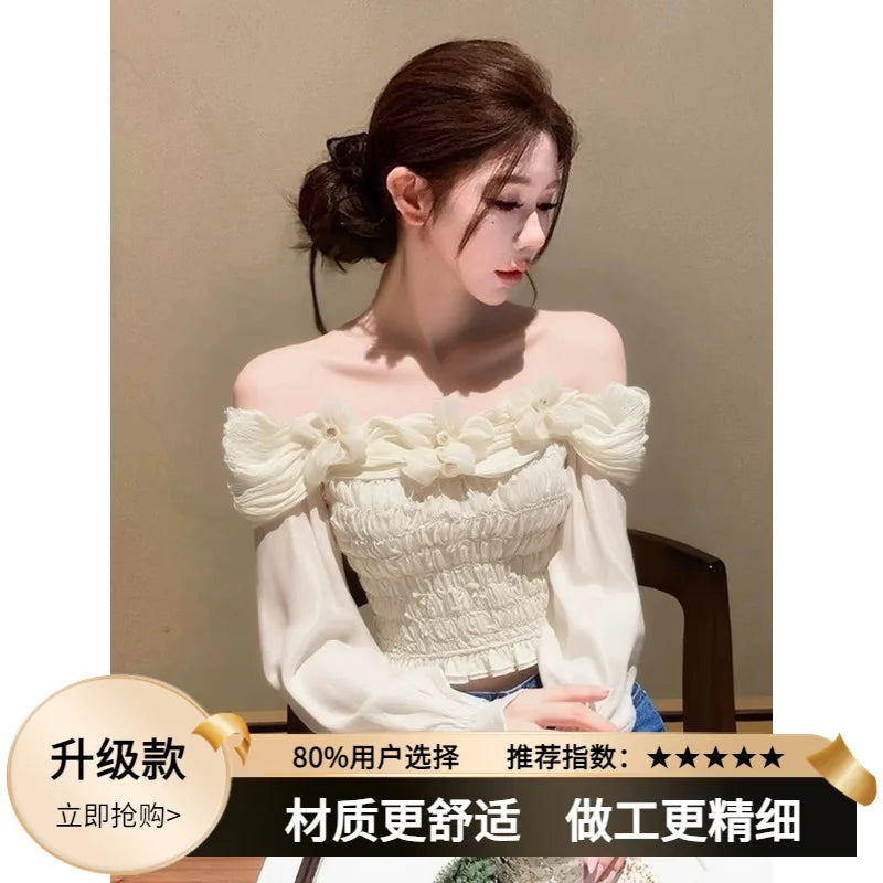 Unique Beautiful Lace Long Sve oulder Bared Chiffon Blouse Women Early Spring Faionable Bellflower irt Organic Bambo...