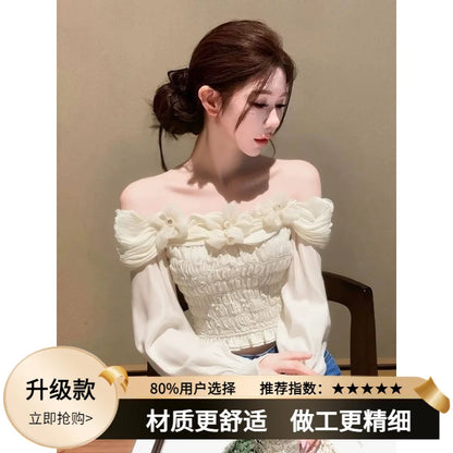 Unique Beautiful Lace Long Sve oulder Bared Chiffon Blouse Women Early Spring Faionable Bellflower irt Organic Bambo...