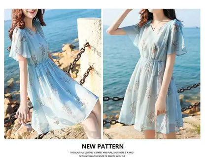 Sweet V-Neck Printing Shirring Bow Chiffon Floral Dress Female Clothing Summer New Loose Butterfly Sleeve Princess Dress
