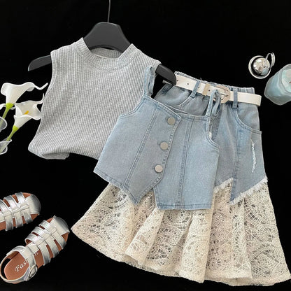 Girls Baby Summer Clothing Set Denim 4pcs Suits Top Vests+Tees+lace Skirts+Belt,fashion Kids Children Birthday Casual Clothes