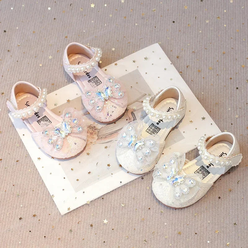 Baby Girls Leather Shoes  Spring Summer Children Casual Half Sandals Sequins with Crystal Butterfly Fashion Princess Sweet