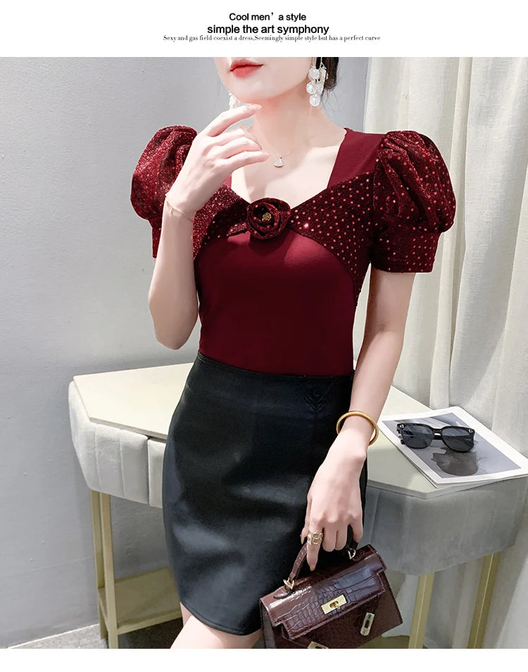 Women's Chic Youthful Square Neck Puff Sleeve T-Shirt Shimmery Floral Summer Blouse  Slim Fit Trendy Top
