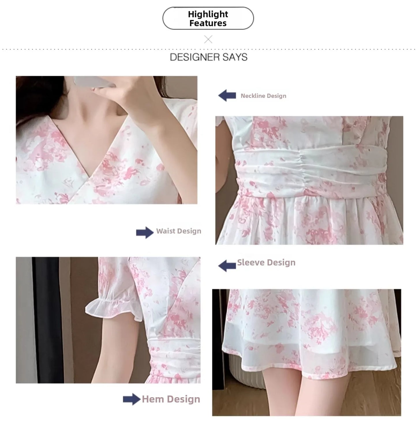 Floral Print A-Line Chiffon Dr Women's Summer 2026 New Sle Slimming ort Dr V-Ne Princ Sve Waist-Cinched