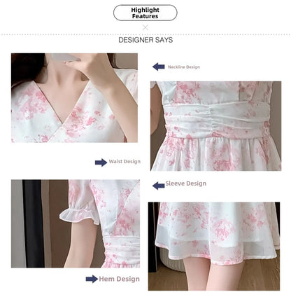 Floral Print A-Line Chiffon Dr Women's Summer 2026 New Sle Slimming ort Dr V-Ne Princ Sve Waist-Cinched