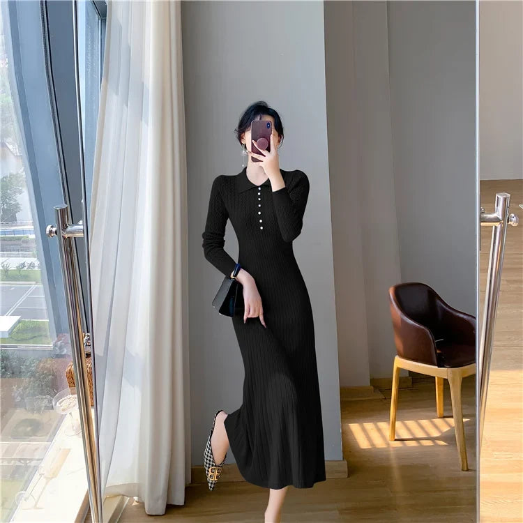 Sweater Dress Women New  Autumn Winter Purple White Or Black High Waist A Line Dress Elegant Long Knitted Dress (Available)