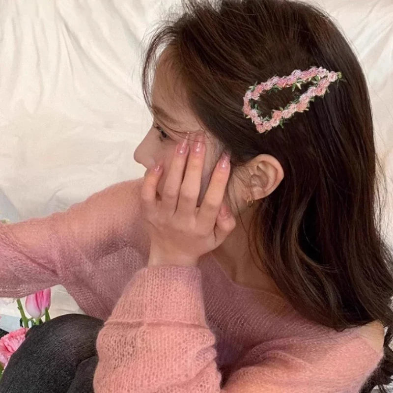 Pink Embroidered Flower Hairpin for Girls Kids Hair Clip Bangs Side Hair Accessory Barrettes