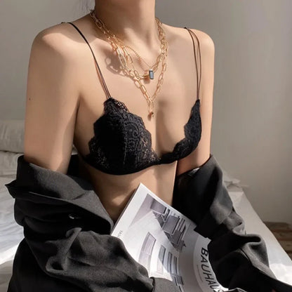 Lace thin band romantic French triangular cup gathering invisible bra without underwire