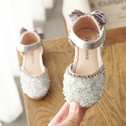 Girls' Sweet Leather Shoes with Back Knot Soft Sole Half Sandals Crystal 2025 Summer New Kids Princess Shoes for Party Wedding