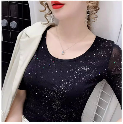 Summer Lady Mesh Tops Round Neck Short sleeved Bright Silk Tees Korean Fashion Black T shirt Women