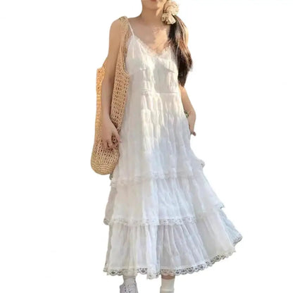 Women Dress Elegant V-neck Lace Maxi Dress for Women Solid Color Sling Dress with Multi Layer Design Stylish Loose Cut Evening