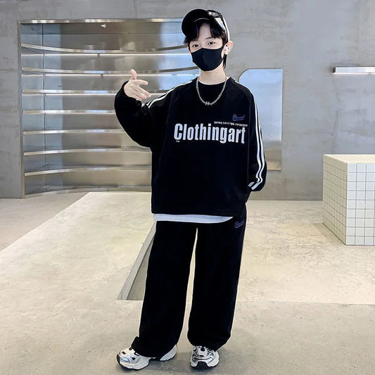 Teenager boys Suit autumn winter Cloth letter striped sweatshirt hooded + wide leg Pants tracksuit 5 8 10 12 Year Child set