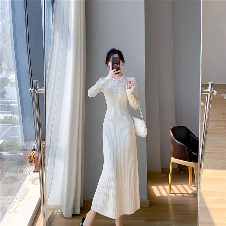 Sweater Dress Women New  Autumn Winter Purple White Or Black High Waist A Line Dress Elegant Long Knitted Dress (Available)
