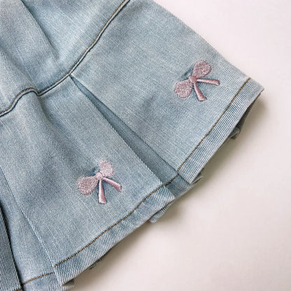 Children's Clothing Sets Cartoon Embroidered Lapel Sleeveless Top + Bow Embroidered Denim Skirt 2pcs Baby Girl Outfit Set