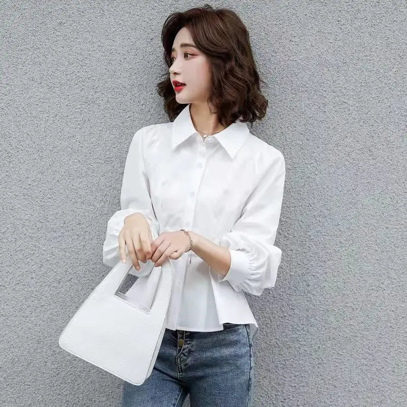Stylish Lapel Button Spliced All-match Folds Lantern Sleeve Shirt Women's Clothing 2022 Autumn New Casual Tops Loose Chic Blouse