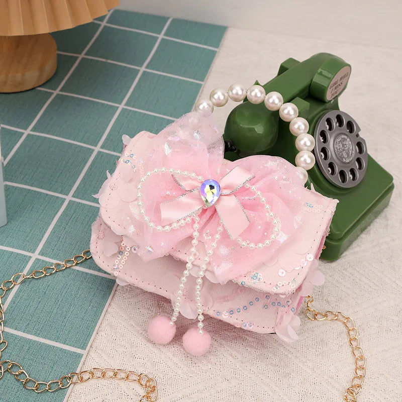 Cute Sequin Bow Kids Mini Square Shoulder Bags Versatile Children Chain Crossbody Bag Lace Girls Pearl Handbags Clutch Purse