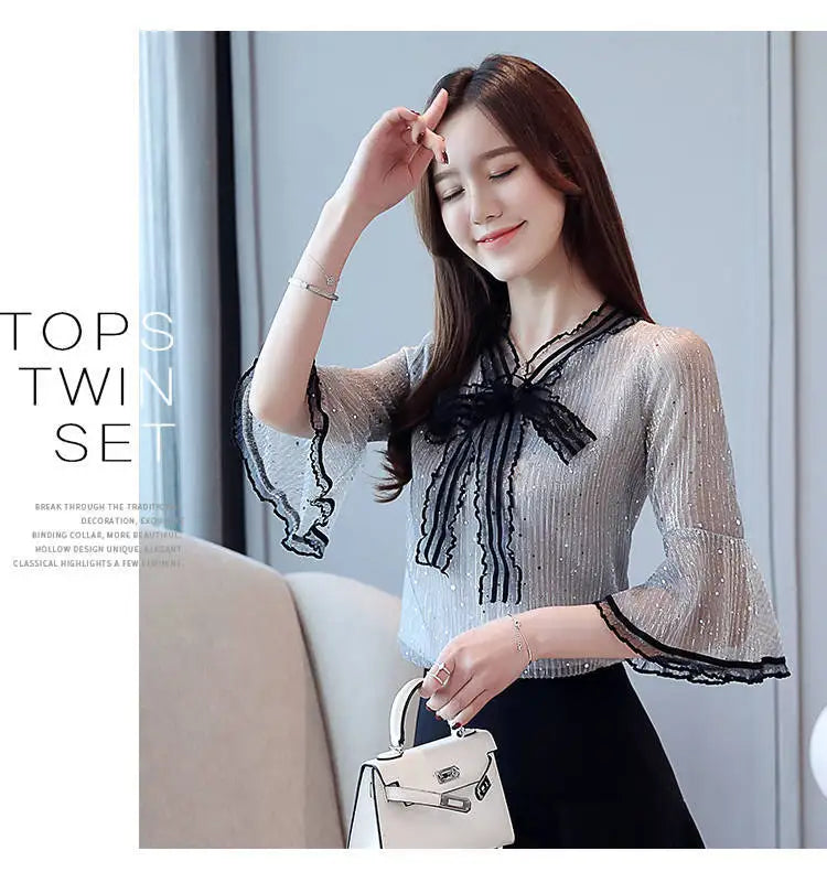 Chiffon Base Shirt with Mid Sleeves Versatile New Spring Sweet and Fashionable Korean Women's Top