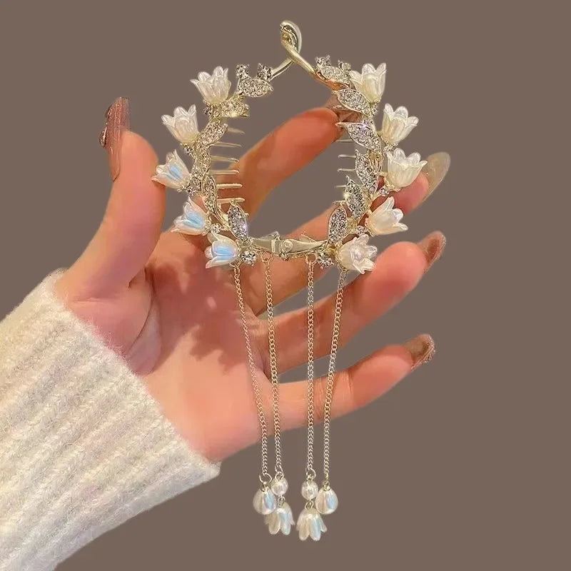 Ladies Butterfly Rhinestone Pearl Metal Hair Claw Round Bun Ponytail Holder (Available)