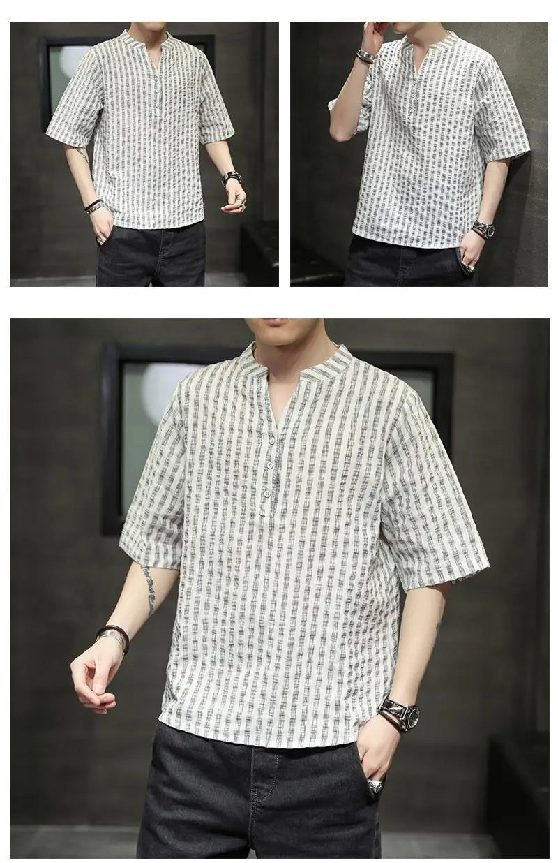 Men's Light Blue Denim Shirt Oversized Short Sleeve Button-Down Casual Top(Available)