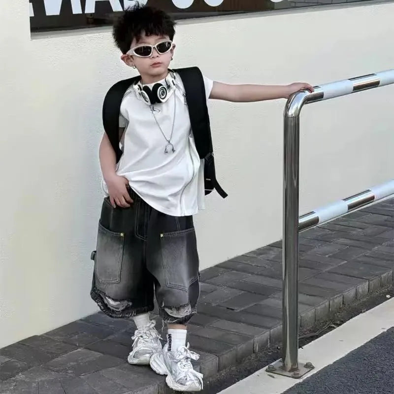 Boy Handsome Korean Version Sleeveless Vest + Retro Ripped Denim Shorts Two-piece Set Children's Casual Loose Set