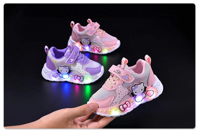 Hello Kitty Led Casual Sneakers for Summer Girls Print Mesh Breathable Shoes Children Lighted Non-Slip Cute Outdoors Sport Shoes