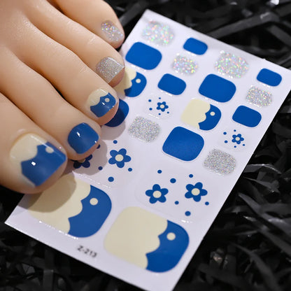22tips/Sheet Baking Free Daisy Flower Toenail Sticker Full Cover Toe Nail Wraps Glitter Toenail Polish Strips DIY Foot Decals