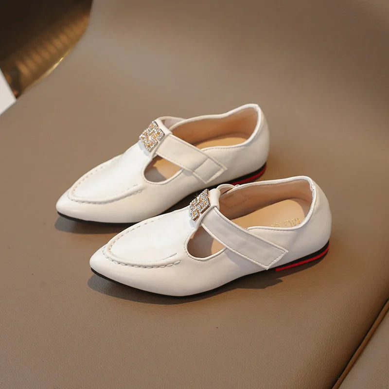 Fashion Girls' Shoes  Autumn New Kids Formal Pointed Leather Shoes Simple Versatile Girls' Rhinestone Casual Shoes Zapatos