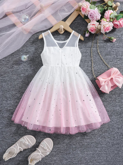 A cute and dreamy round-neck vest dress with star and moon sequin gradient print tulle for girls in summer