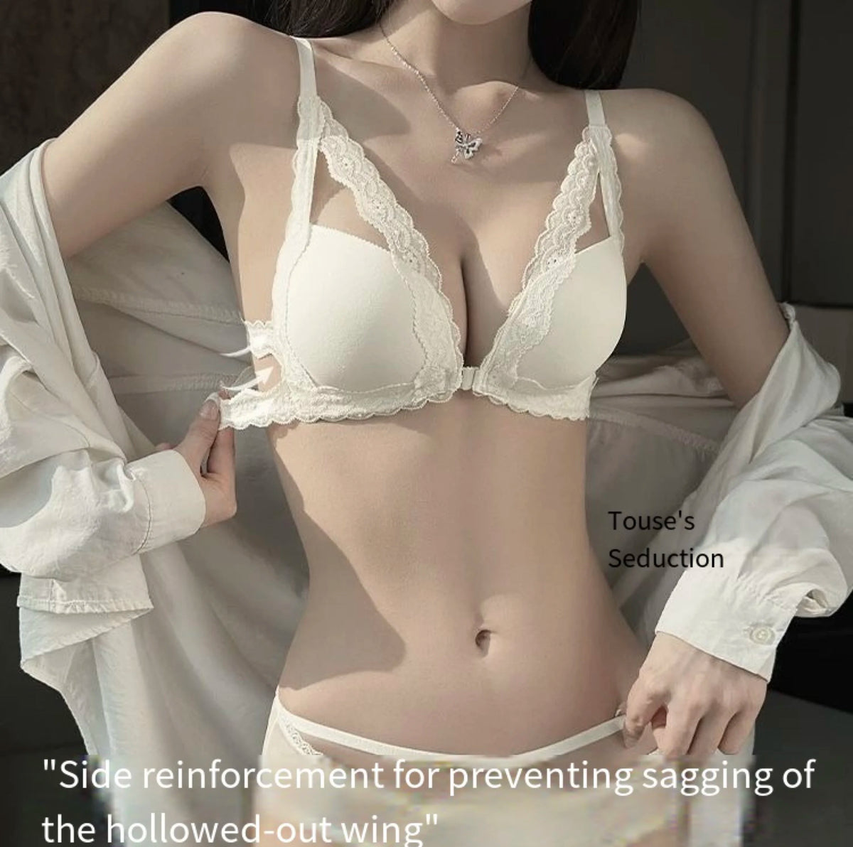 Front button underwear ladies small breasts gathered 2025 spring summer new sexy pure lace white beautiful back bra set