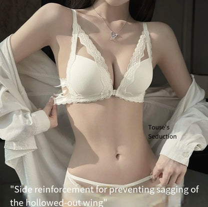 Front button underwear ladies small breasts gathered 2025 spring summer new sexy pure lace white beautiful back bra set