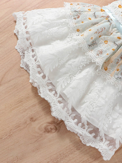 Summer girl's floral chiffon printed embroidered casual half-sleeve cute lady's fashion romantic lace dress.