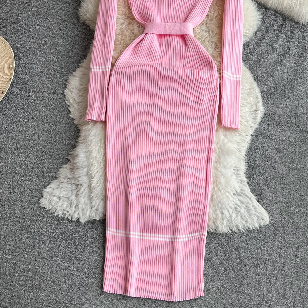 Women Dress 2025 Autumn Winter Elegant Rib Knit Long Pencil Dress with Belt Office Lady Bodycon Sweater Dress Vestidos