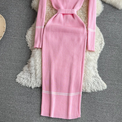 Women Dress 2025 Autumn Winter Elegant Rib Knit Long Pencil Dress with Belt Office Lady Bodycon Sweater Dress Vestidos