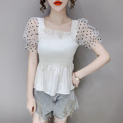 Summer patchwork mesh polka dot short sleeve chiffon blouse women's new stylish bubble sleeve top