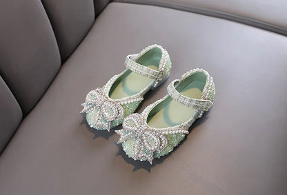 Girls Shoes Bling Single Shoes for Stage Performance Mary Janes Bow Crystal Glitter Wedding Flats Dance Party Leather Shoes New