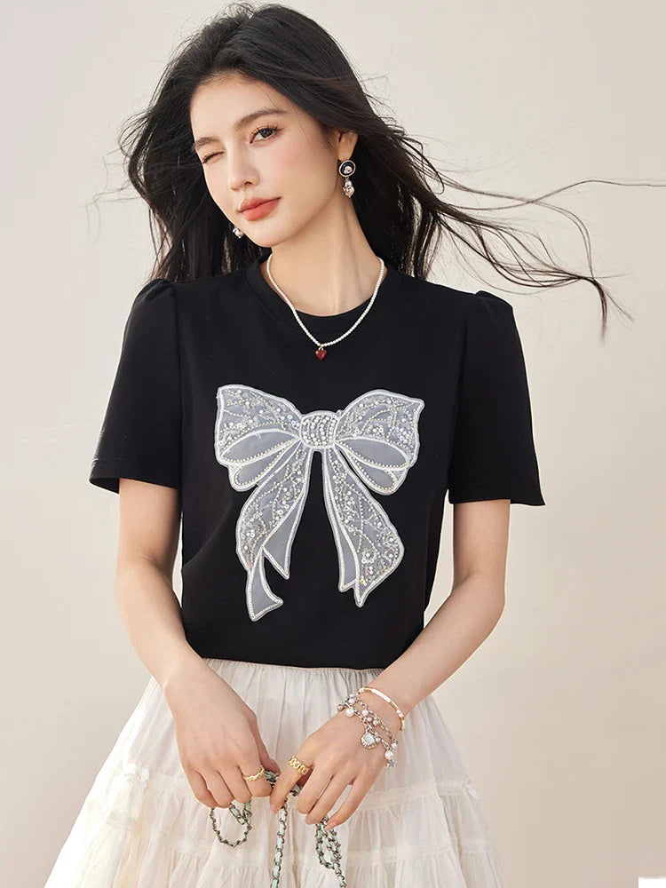 Summer New Sweet Short Sleeved T-shirt Women Fashion Bow Tops Harajuku Casual Simple T-shirt Y2k Top