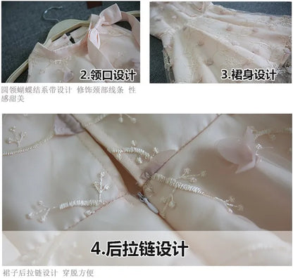 Elegant Floral Jacquard Embroidery Party Dress New Summer Women Tie Bow Mesh Dress Lady High Waist Short Sleeveless Tank Dresses