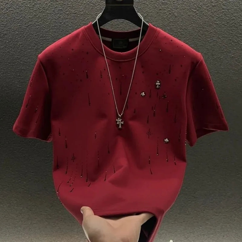 Spring New Heavy Work Light Luxury Custom Short Sleeve T-shirt Top Meteor Full Diamond T-shirt Round Neck Short Sleeve