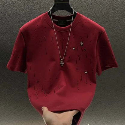 Spring New Heavy Work Light Luxury Custom Short Sleeve T-shirt Top Meteor Full Diamond T-shirt Round Neck Short Sleeve