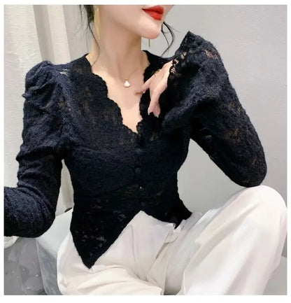 Spring Summer Lace T-shirt Slim Women V-neck Long Sleeve Shirt Button Irregular Short Tops Puff Sleeves Vintage Chic Design Tees