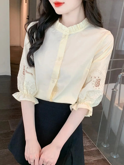 Ele Embroidered ort Sve irt Women's Summer New Design Korean Sle Commute Lantern Sve White irt for Ladies