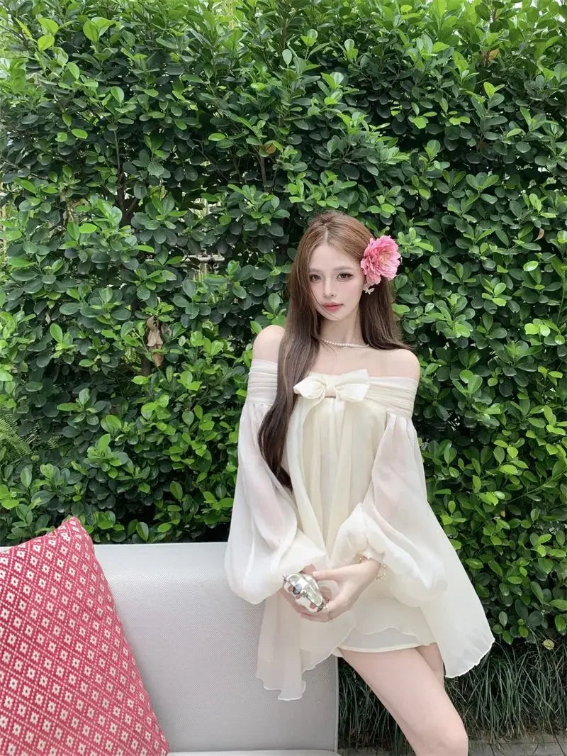 Bow Slash Neck Vestidos Off Shoulder Dress Sexy Sweet Vestido Fairy Mini Loose Dresses Spring 2026 New Long Sleeve Ropa Mujer