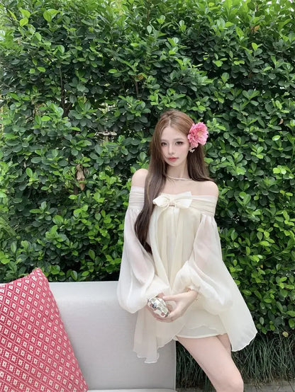 Bow Slash Neck Vestidos Off Shoulder Dress Sexy Sweet Vestido Fairy Mini Loose Dresses Spring 2026 New Long Sleeve Ropa Mujer