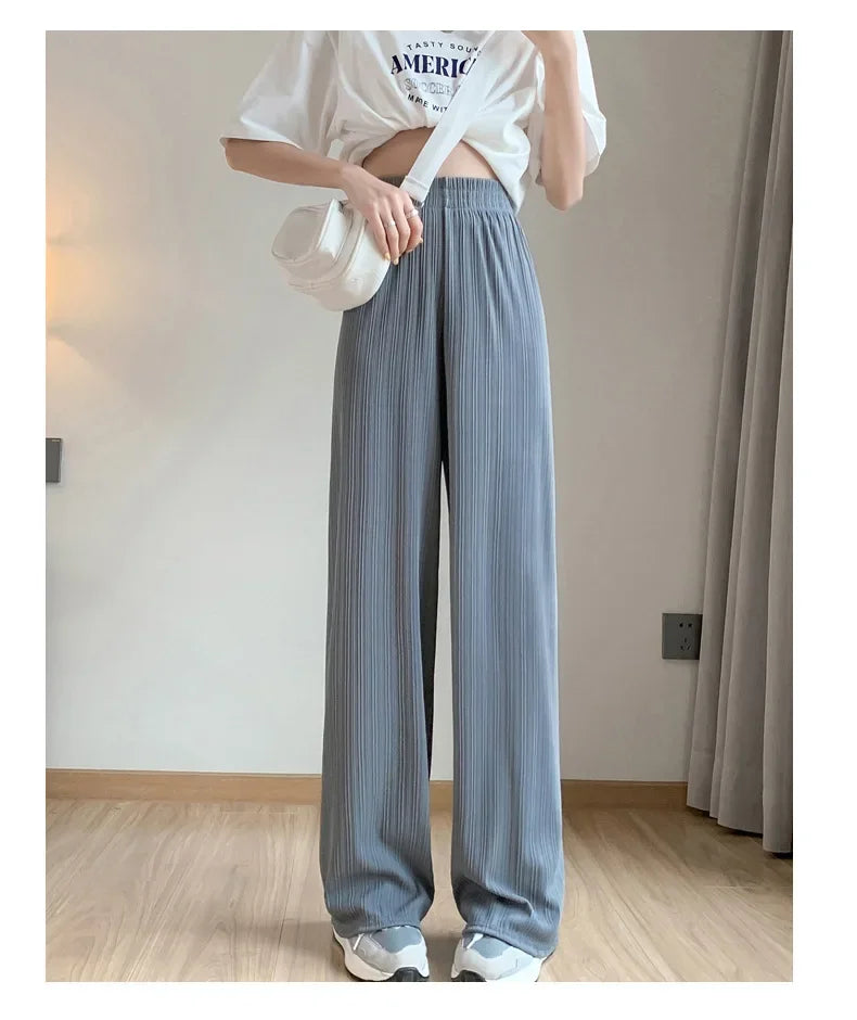 Korea Dongdaemun Ice Silk Wide-leg Pants Women's Thin Slimming Floor Pants White Striped Pants Y2K Fashion Pants Baggy (Available)