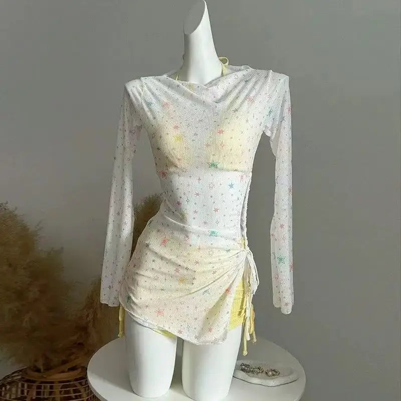 2026 New High Waist Fairy Sweet 4-Piece Women's Split Bikini Set Print Long Sleeve Swimwear Trendy Beach Vacation Fairy Swimsuit